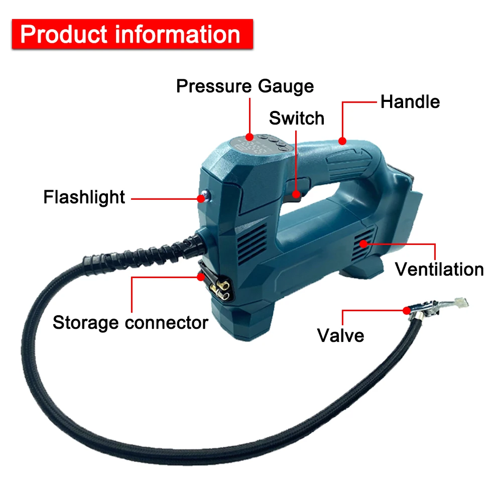 Imagem -06 - Inflator de ar Portátil do Carro Bomba de Compressor de ar 18v Digital Manuseado Compressor de ar Recarregável Ferramenta Bare para Bateria Makita 18v