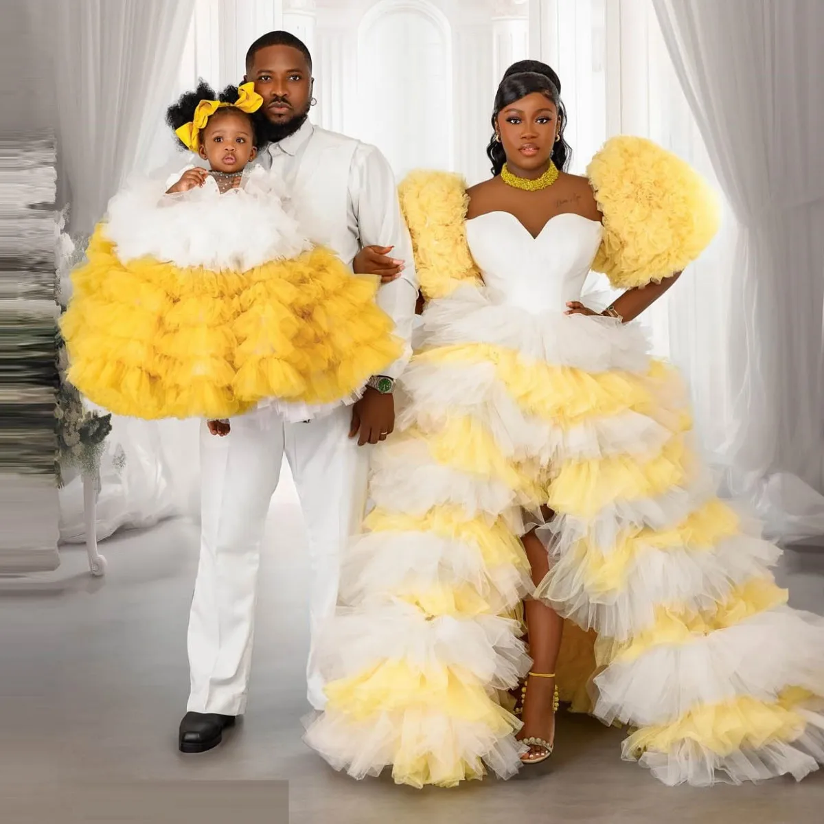 White & Yellow Mother and Daughter Dress  High Slit  Ball Gown Tiered Tulle Family Look Mommy and Me Birthday For Photo Shoots