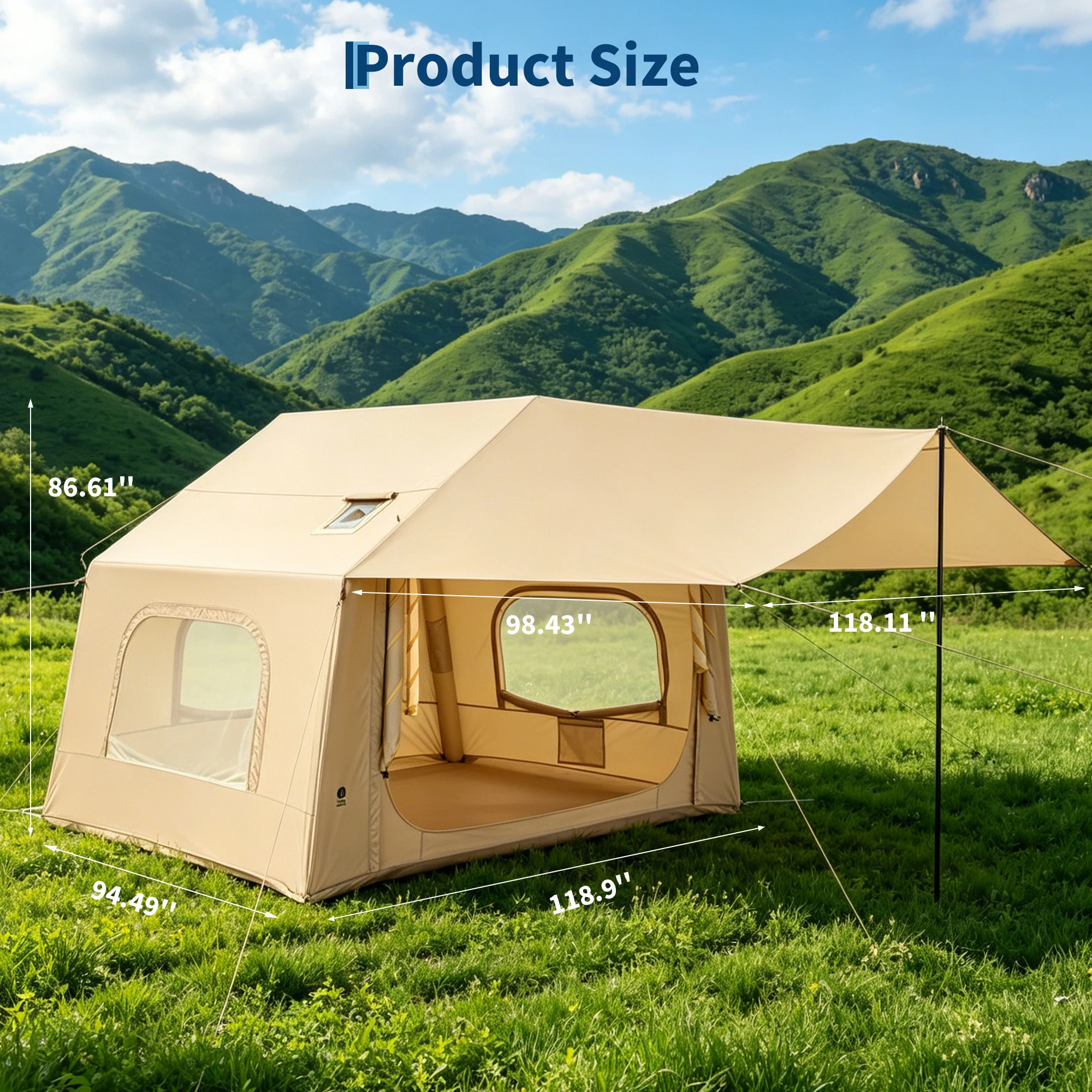 Ampia tenda da campeggio gonfiabile per 6 persone, dotata di lucernario, facile da montare, ideale come riparo per famiglie all’aperto, con ampio tettoia, ottima ventilazione e protezione contro le