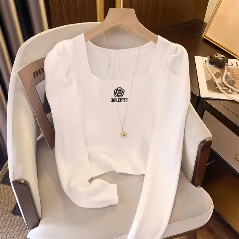 Fashion Embroidered Flower Knit Sweater Women Square Collar Long Sleeve Slim Jumpers Autumn Winter Korean Base Pullovers Female