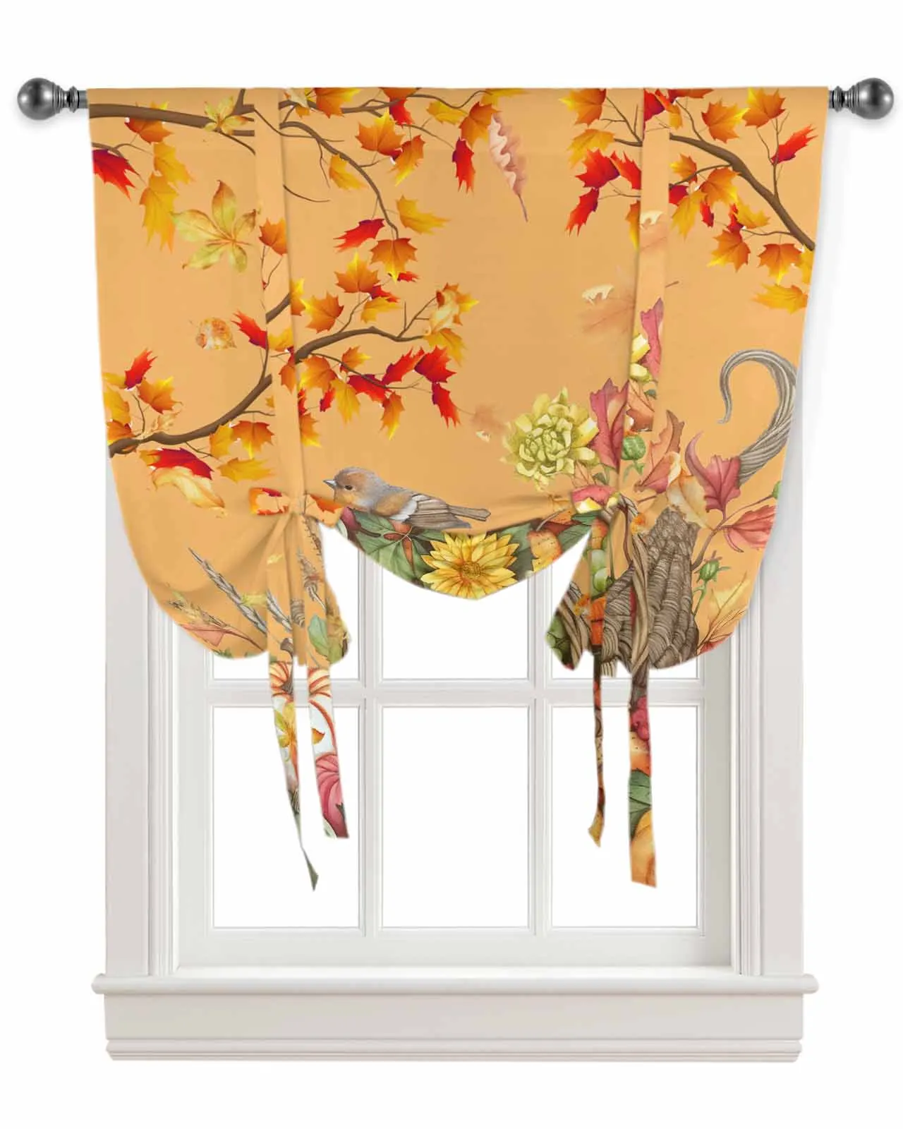 Autumn Pumpkin Maple Leaf Grapes Robin Window Curtain for Living Room Kitchen Tie-up Roman Curtain Home Decor Blinds Drapes