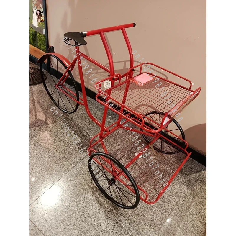 Retro Old Red Wrought Iron Tricycle Float Two-layer Flower Stand Can Not Ride