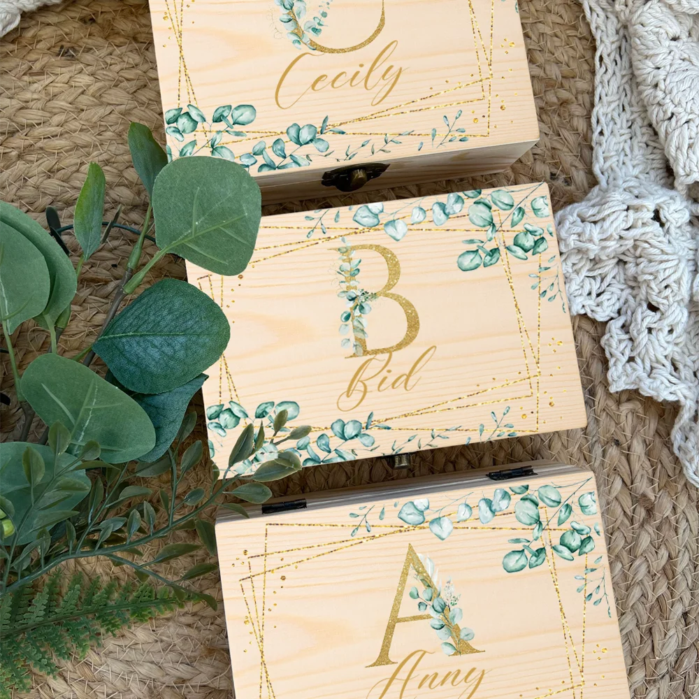 Personalized Memory Box Wedding Bridesmaid Proposal Wooden Jewelry Storage Box Personalized Name Eucalyptus Leaves Golden letter