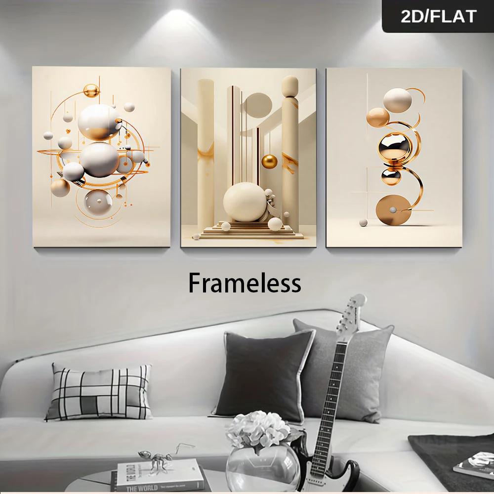 1 set of modern minimalist living room triptych, abstract geometric gold foil art frameless painting, 2D flat.