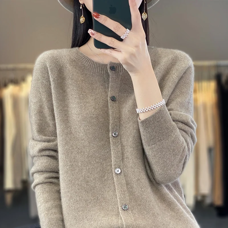 100% lã pura cardigan primavera e outono novo suéter de caxemira feminino o-pescoço cardigan quente malha camisa de fundo
