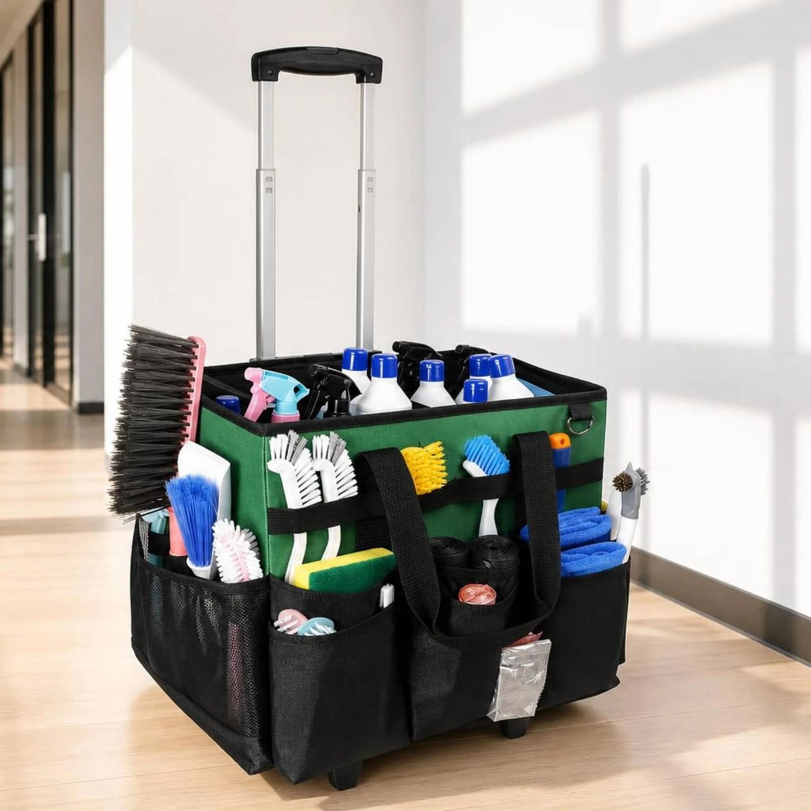 Cleaning Supplies Organizer with Wheels Detachable Cleaning Bag with Trolley Wheeled Organizer Bag Portable Large for Cleaners