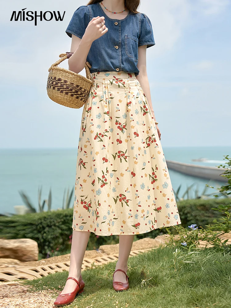 MISHOW French 100 Cotton Floral Retro Skirt for Women 2024 Summer High Waist A-line Back Elastic Waist Slim Skirts MXD30B0390