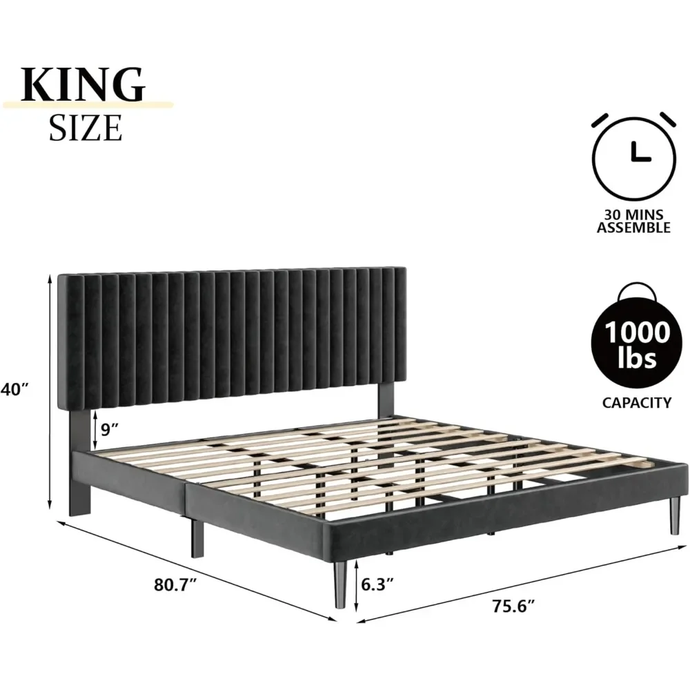 King-size bed frame, velvet upholstered headboard, platform bed with wooden slats, mattress base, box spring optional