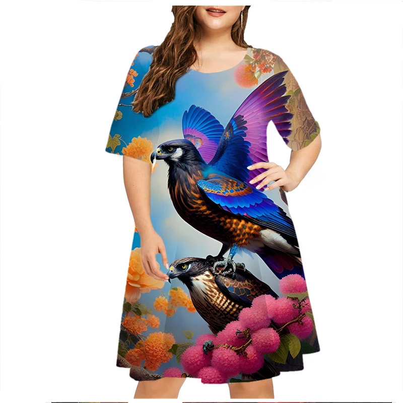 2023 Summer Women Dress Fashion O-Neck Lady Dress Short Sleeve Floral Print Birds Pattern Dress Casual Loose Plus Size Clothing