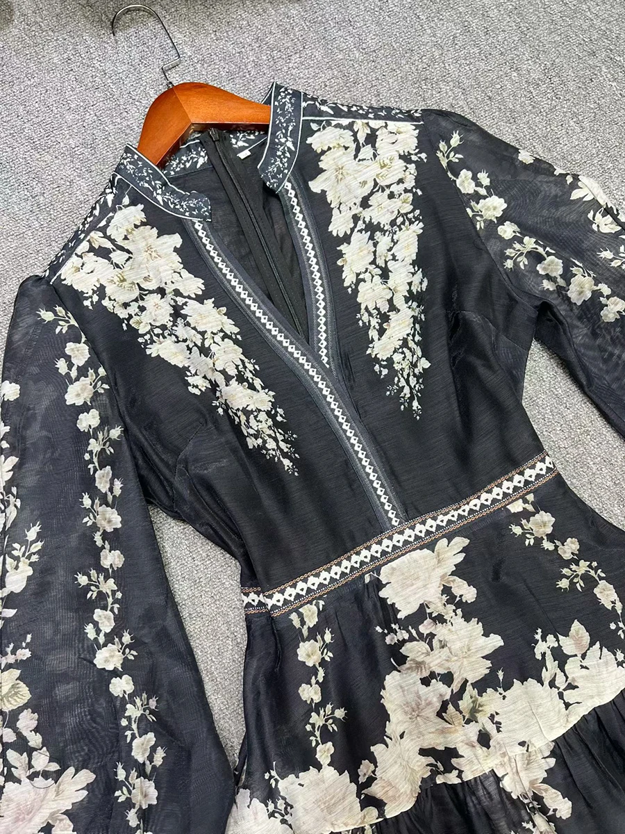 VGH Vintage Indie Folk Stijl Print Jurk voor Vrouwen V-hals Driekwart Mouwen Patchwork Hol Gelaagde Jurken Vrouwelijke Nieuw