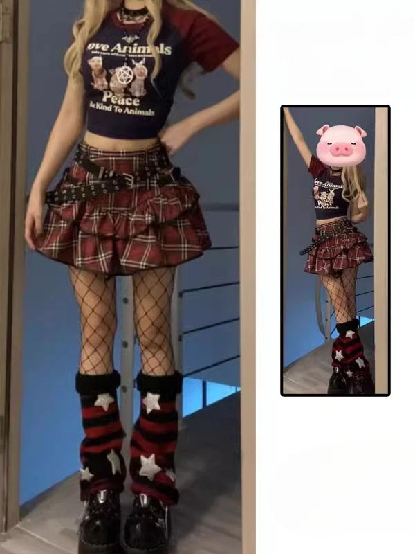 Gothic Harajuku Girls Purple Pink Plaid Pleated Skirt Punk Sweet Lace Kawaii Lolita Cake Mini Skirts Cosplay Costume A687