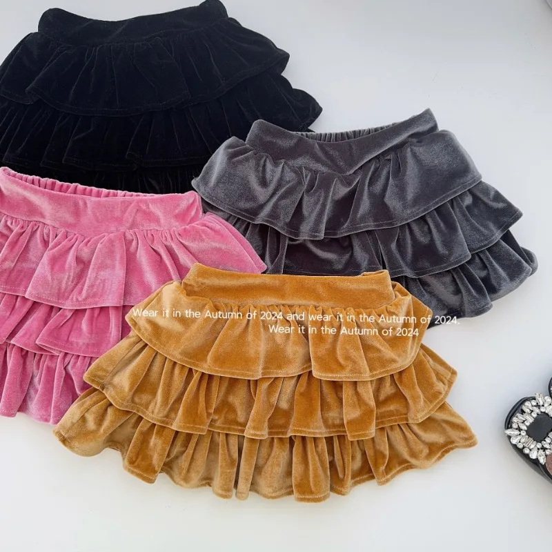 

Boutique 2024 Autumn and Winter Kids Baby Girls Velvet Skirt Kawaii Cake Skirt High Texture Sweet Pink Skirt Mini Tutu 90-150cm