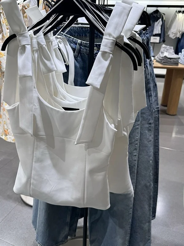 Spring New Sweet Sle Women's Top  Knot Decoration Square Collar Vest ort Length Faionable Casual Wear
