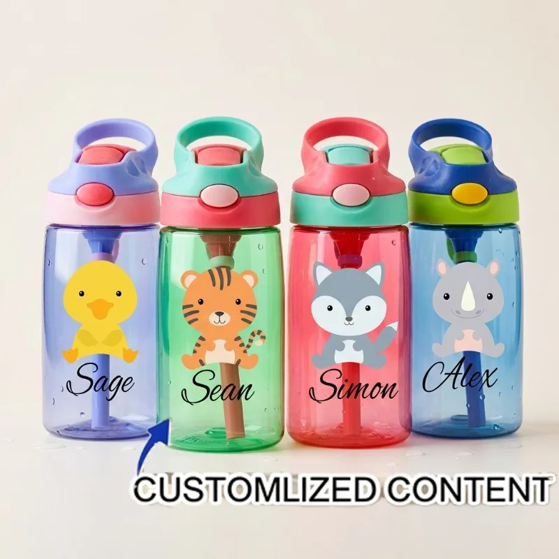 Customized cartoon Animal Printed Straw Water Bottle, Personalized Name Straw Cup, Perfect Gift Customization for Students.
