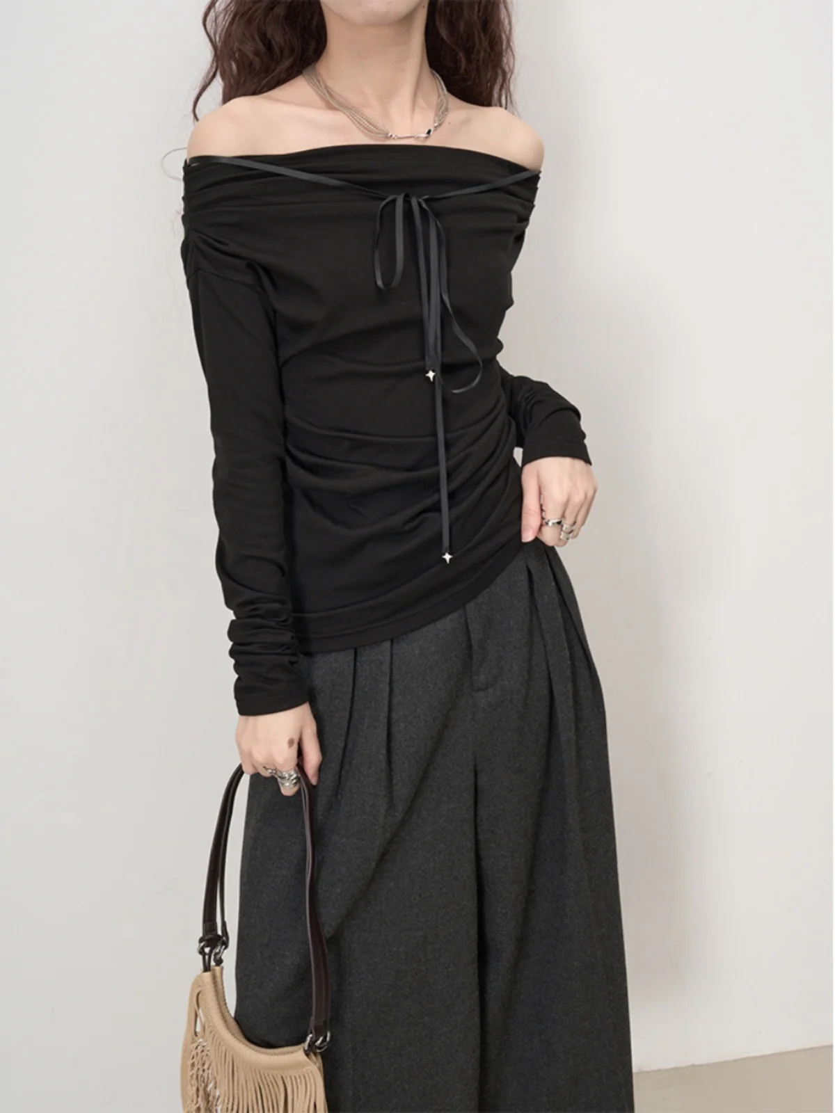 

LANVIVIER Soft Silk Wool One oulder Elastic Pleated Slim Fit Sexy Long Sve Top Women's Faion Spring Season Sexy Sle