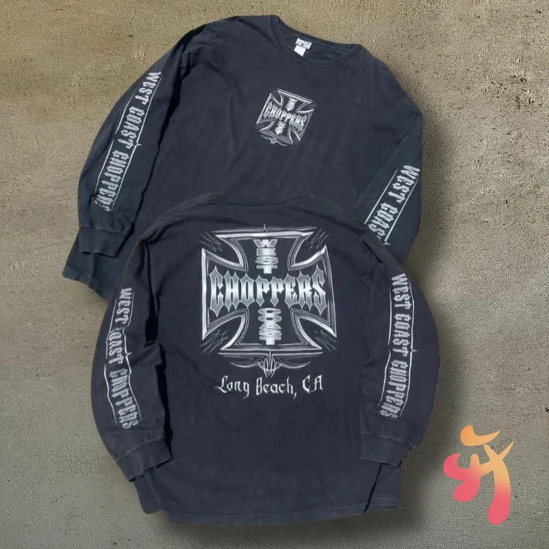 

Unisex Y2K Iron Cross Washed Blue Long Sleeve Tops West Coast Choppers Tshirt American Street Cotton Retro Men Women Sweatshirts