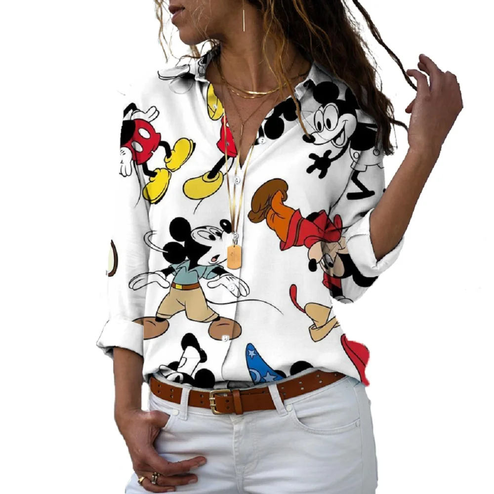 

New Autumn Fashion Street 3D Printed Women's Long Sleeve Single Breasted Lapel Mickey Minnie Casual Cute Shirt 2024