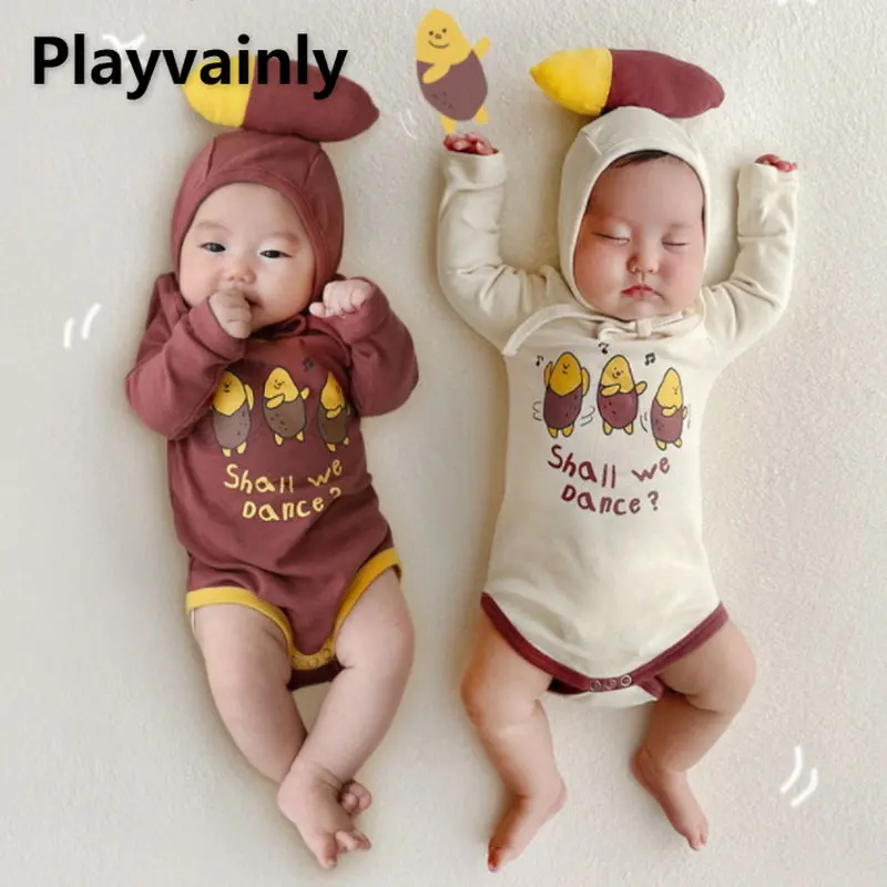 Spring Autumn Baby Boy Girl Bodysuit Sweet Potato Print Cotton Long Sleeve Jumpsuit +hat Infant Clothes Newborn Outfits E22545