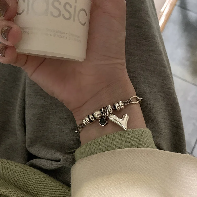 

925 Sterling Silver Hiphop Thick Irregular Heart Black Stone Bracelet for Women Girls Vintage Handmade Hasp Bracelet Party Gift