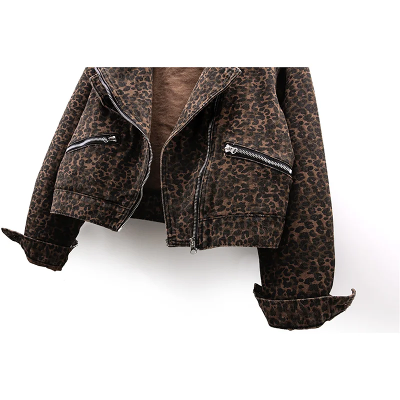 秋のヴィンテージレオパード柄スリムショートデニムジャケット レディース カウボーイアウター シャケット ムヘール カジュアルジッパー ジーンズジャケット 女性用