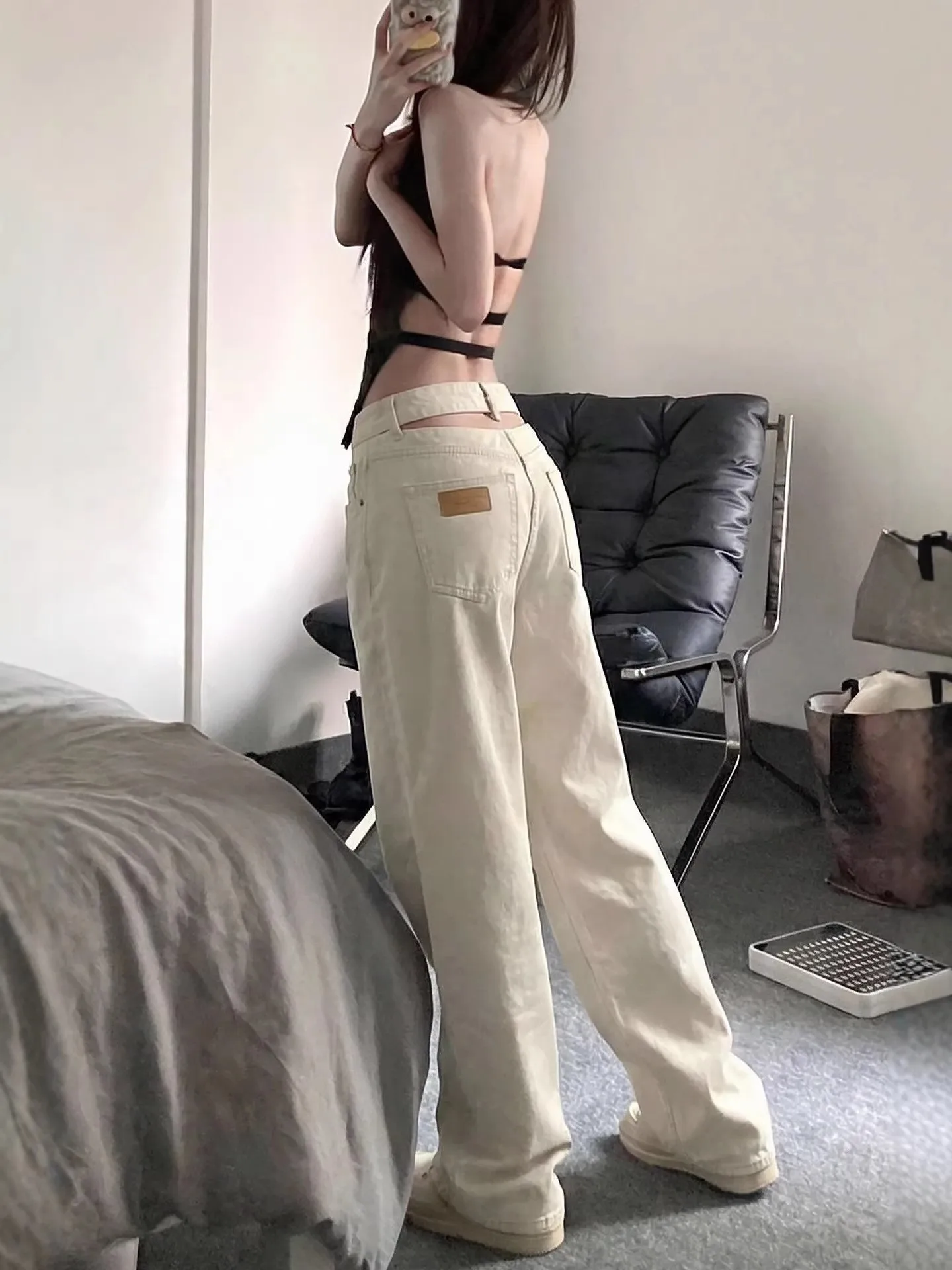 

Модные американские джинсы для девушек с вырезами на талии и вставками, женские, больших размеров, новый дизайн, прямые длинные брюки с высокой талией из денима.