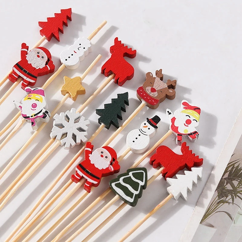 100PCS Santa Snowman Elk Christmas Bamboo Stick Skewer Toothpick for Cake Food Fruit Pick Toothpick Kids Christmas Party Decor