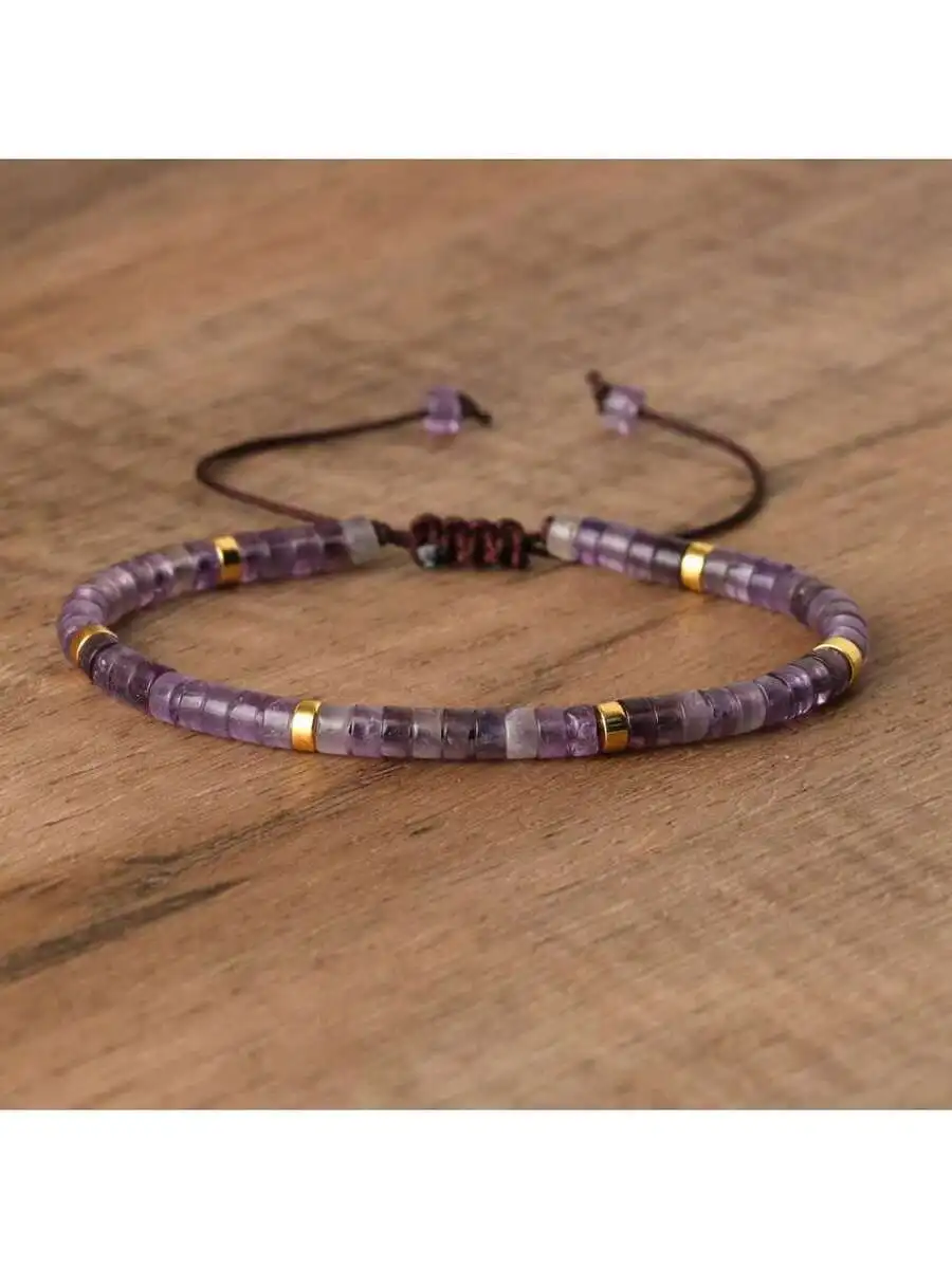 

Amethyst Slice Bead Bracelet With Adjustable Cord, Minimalist Natural Gemstone Jewelry For Adults