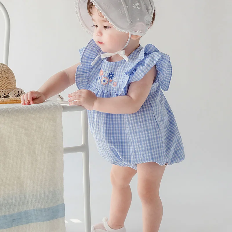 2026 Summer New Baby Girl Cute Plaid Flying Sleeve Bodysuit Cotton Infant Sweet Flower Princess Jumpsuit Newborn Clothes 0-24M