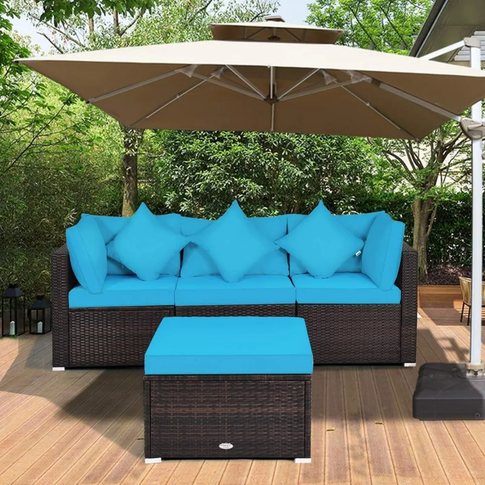 

4PCS Patio Rattan Wicker Furniture Set Cushioned Sofa Ottoman Garden Turquoise