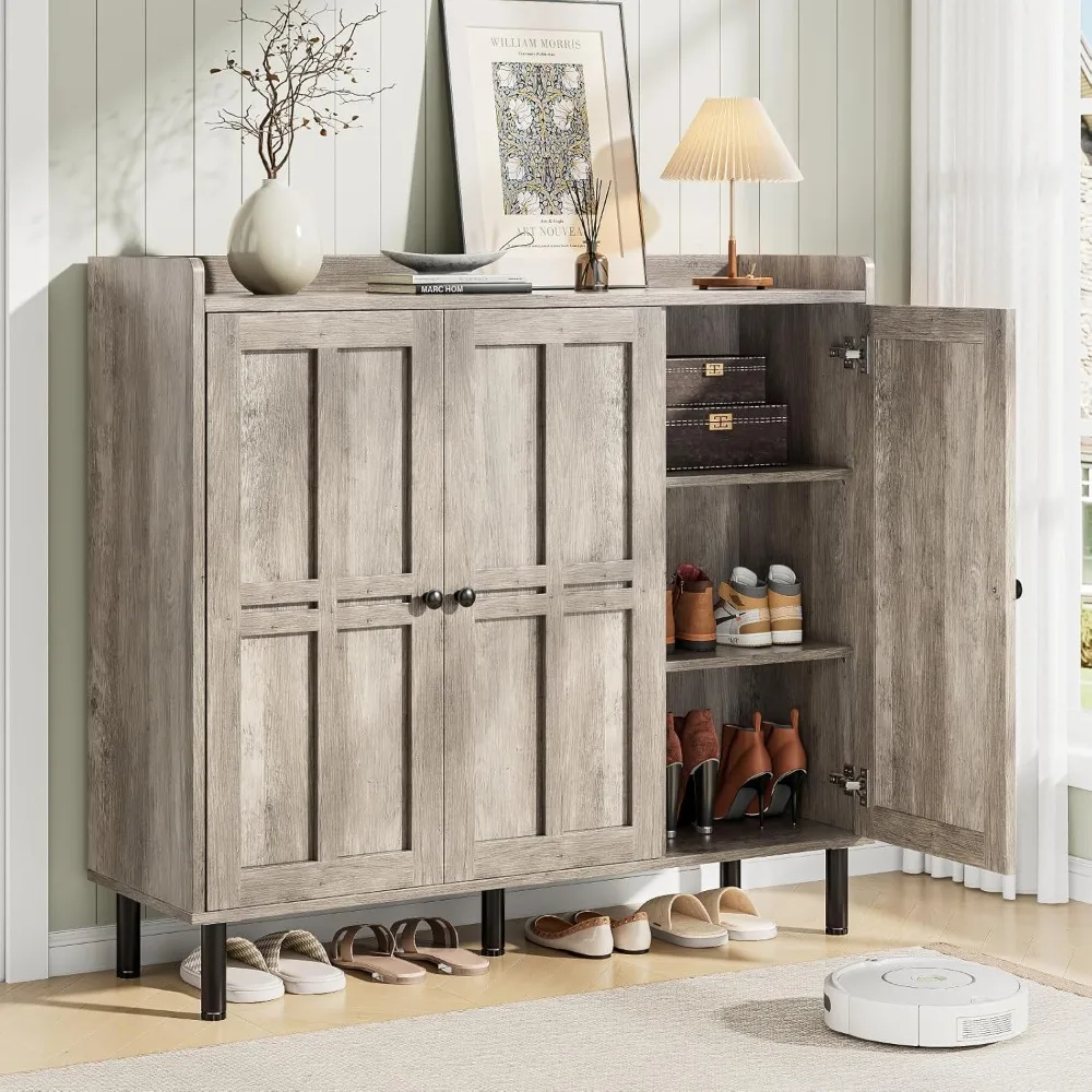 

shoe cabinet with 3 doors and adjustable shelves, 30 pairs shoe storage cabinet, 40 inch tall farmhouse rack organizer