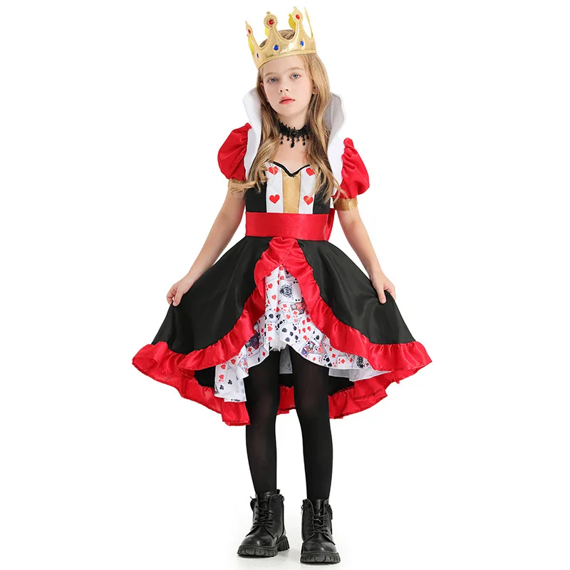 Full Set Queen of Hearts Costume Girls Poker Queen Cosplay Halloween Carnival Party Fancy Dress Up for Kids Children