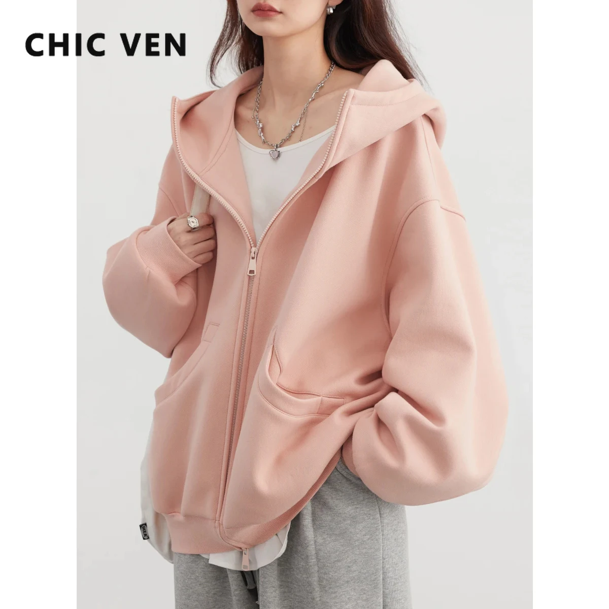 CHIC VEN Women Sweatshirts Loose Casual Hooded Long Sleeves with Plush Sweater Double Zipper Oversize Coat Spring Autumn 2024