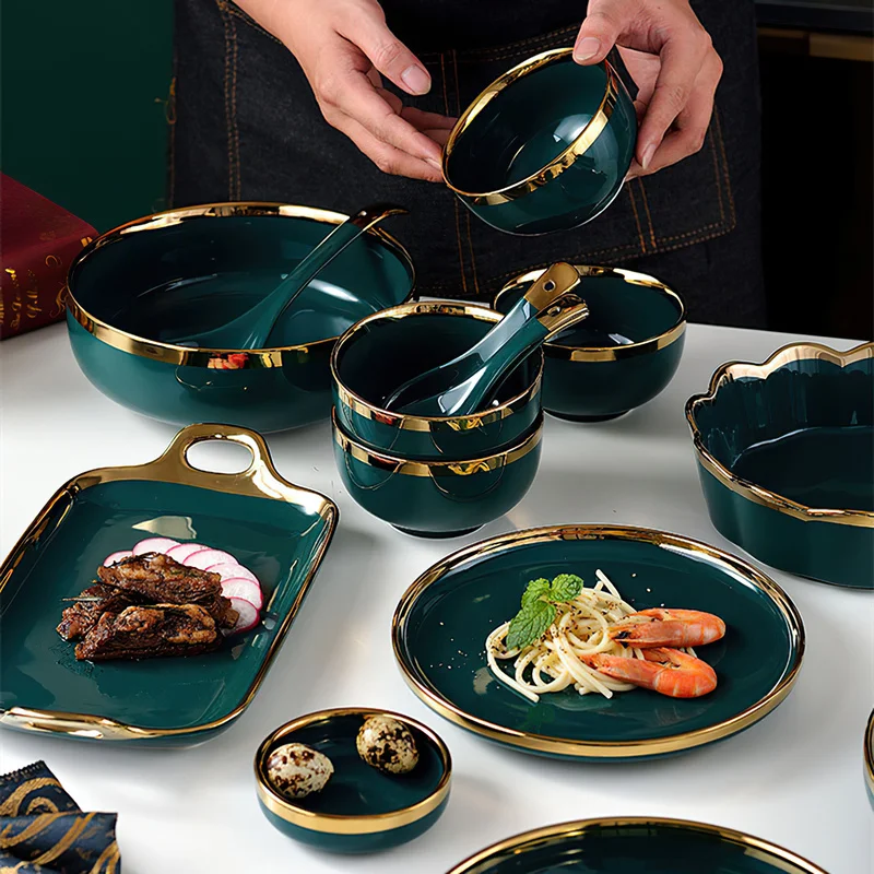 18 pcs Ceramic Tableware Set Nordic Green Phnom Penh Salad Plate Soup Rice Bowl Set Household Kitchen Supplies Dinnerware