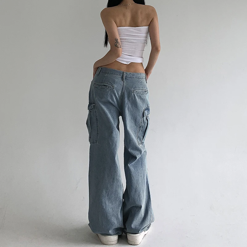 American Style Pleated Washed Parachute Jeans Women's High Waisted Loose Wide Leg Large Pocket Workwear Pants