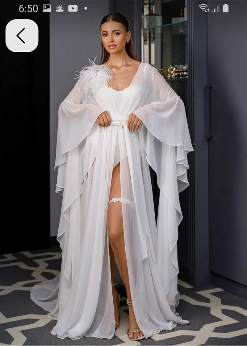 

Feather Chiffon Woman Prom Dress For Photoshoot Sexy Sheer Full Sleeves Bridal Morning Robes Night Gown Sleepwear Customized