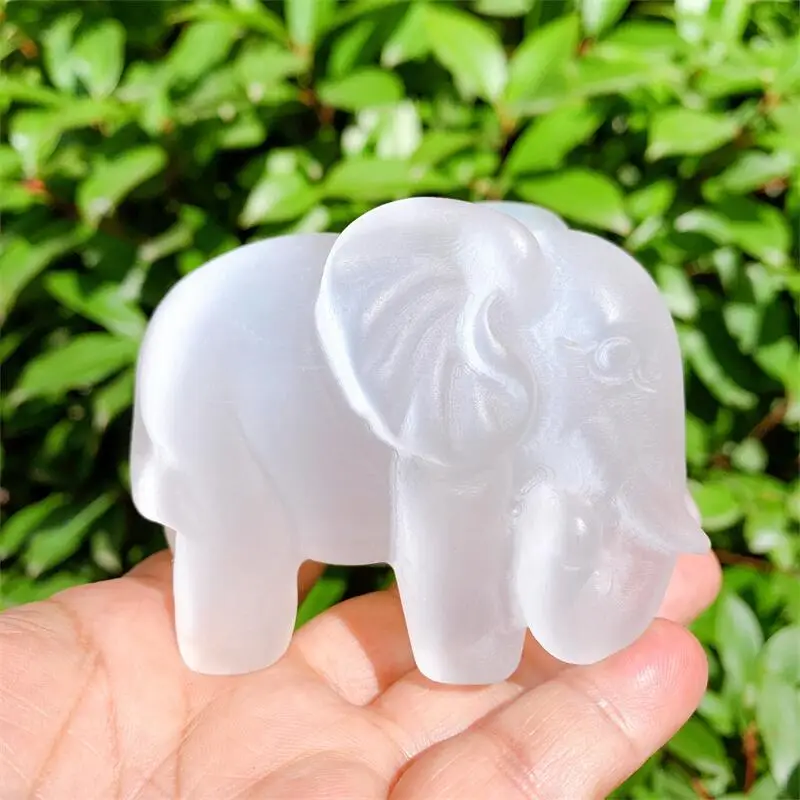 الطبيعية Selenite الفيل الكريستال منحوتة الحيوان تمثال شفاء الكوارتز الأحجار الكريمة الحرف ديكور المنزل هدية 1 قطعة