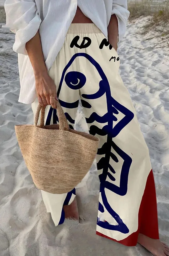 Summer Women's Retro Marine Printed Casual Trousers For Women's Beach And Ocean Vacation Versatile Style Loose Wide-leg Trousers