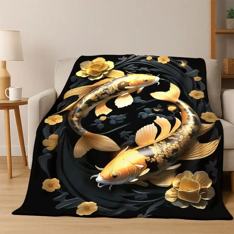 GOOD LUCK Koi Fish Yin Yang Carp Cartoon Flannel Blanket Soft Warm Throw Blanket for Bedroom Living Room Bed Travel Picnic Gift