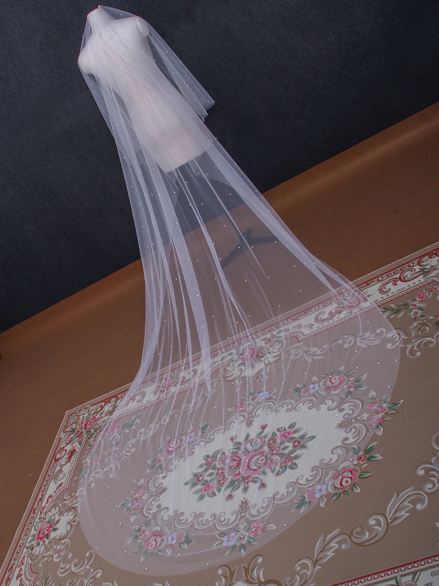 NZUK 2 Layer Cathedral Wedding Veil with Blusher Long Bridal Pearls Veus Bridal Veils Cover Front and Back