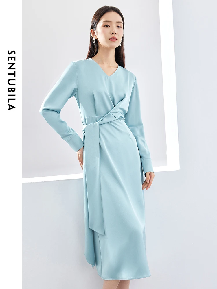 SENTUBILA Tie Belted Satin Midi Dress for Women 2024 Spring Fashion Elegant Lady Blue Long Sleeve V-neck Split Dresses 141L52625