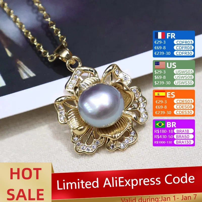 Three-dimensional Flower Freshwater Pearl Pendant Women's 8-9mm18k Gold Micro-inlaid Fashion Simple Temperament Collarbone Chain