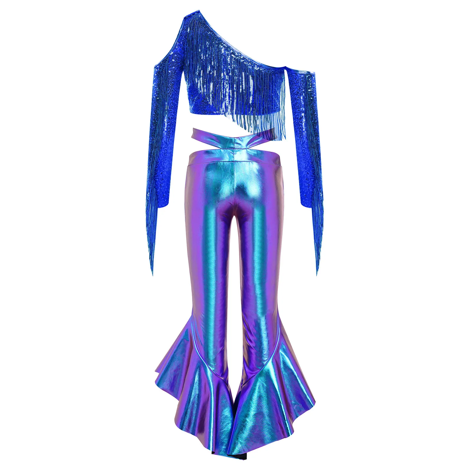 

Kids Girls Disco Jazz Tango Ballroom Dance Outfit for Stage Performance Costume One Long Sleeve Tassel Sequin Crop Top And Pants