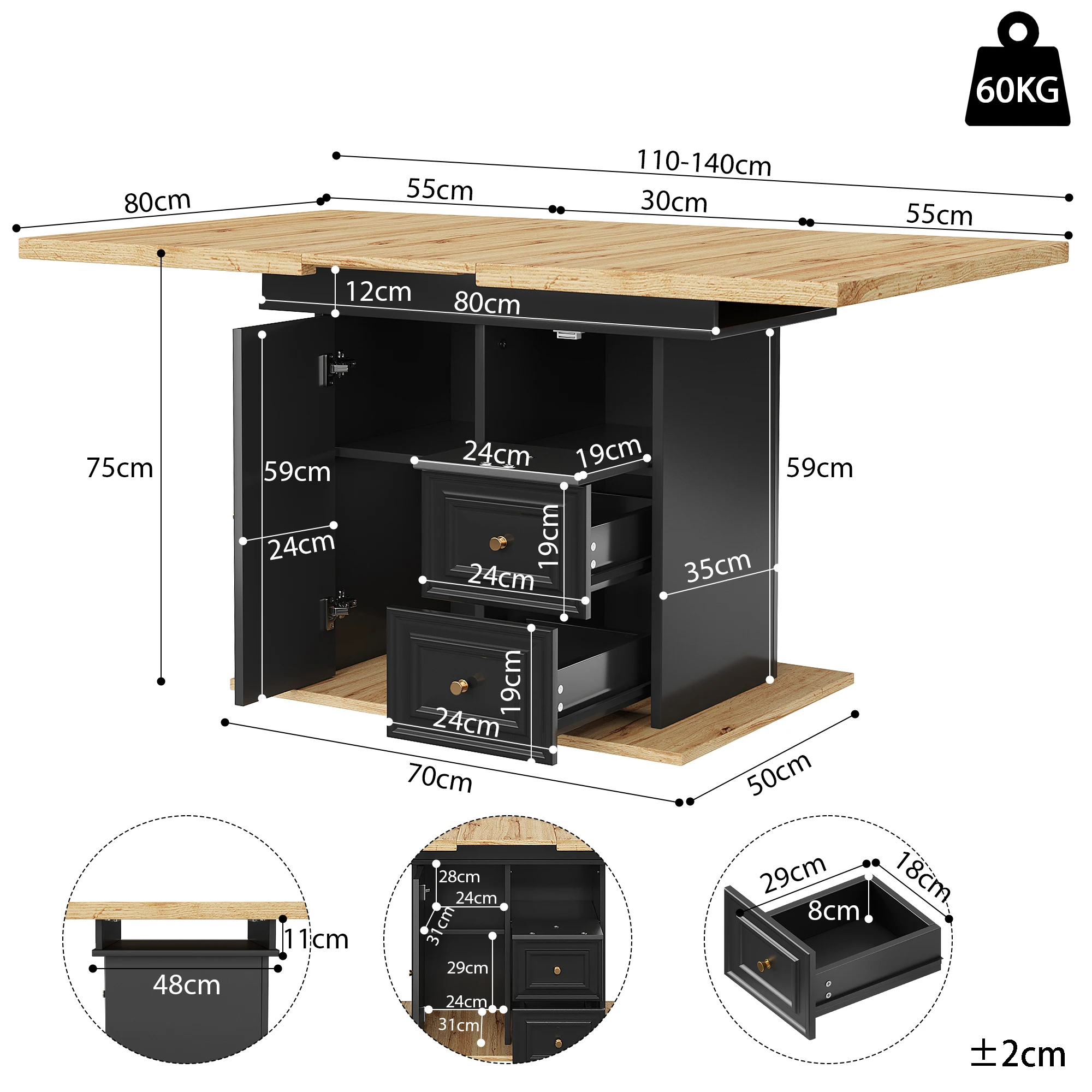 PINGGO LED-Esstisch 110(140)x80x75cm Holztisch für 6 Personen für Küche, Esszimmer, Terrasse, Garten – Detail 5