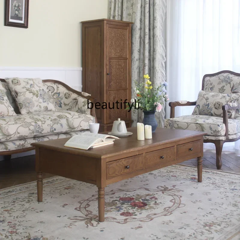 

TTT New arrive American Country Solid Wood Six Drawer Coffee Table Pastoral Vintage Oak Living Room Log Tall Coffee Table
