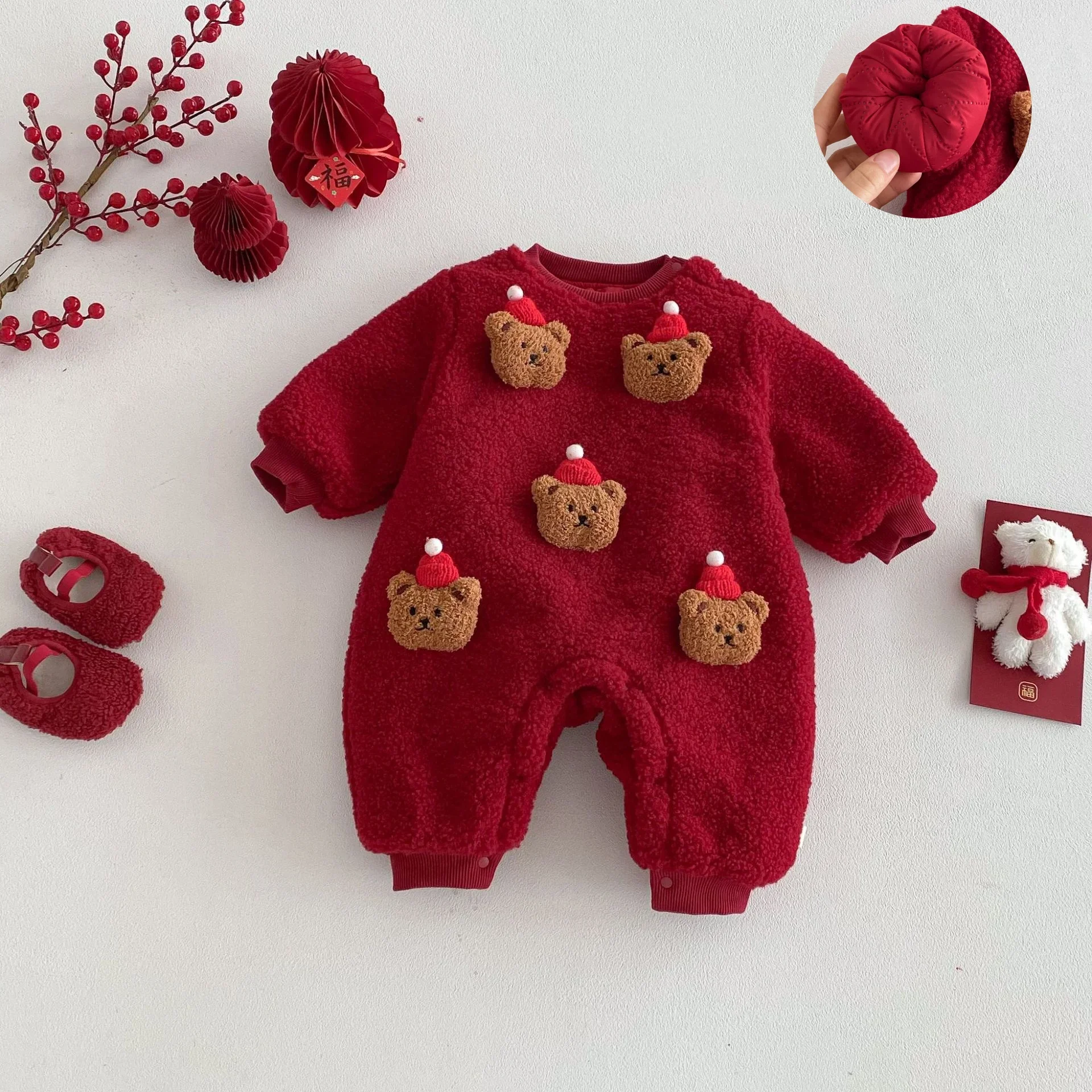 

Детский новогодний рождественский стеганый комбинезон с медведем для новорожденных от 0 до 2 лет, теплый плюшевый комбинезон с 3D нашивками в виде медведя, зимняя праздничная одежда