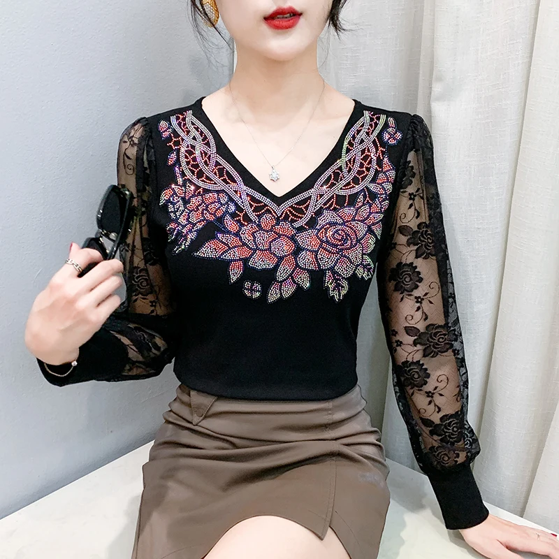 

Осень 2024, новые корейские модные женские топы, лоскутная кружевная блузка, тонкая рубашка с v-образным вырезом и длинными рукавами и бриллиантами, Blusa