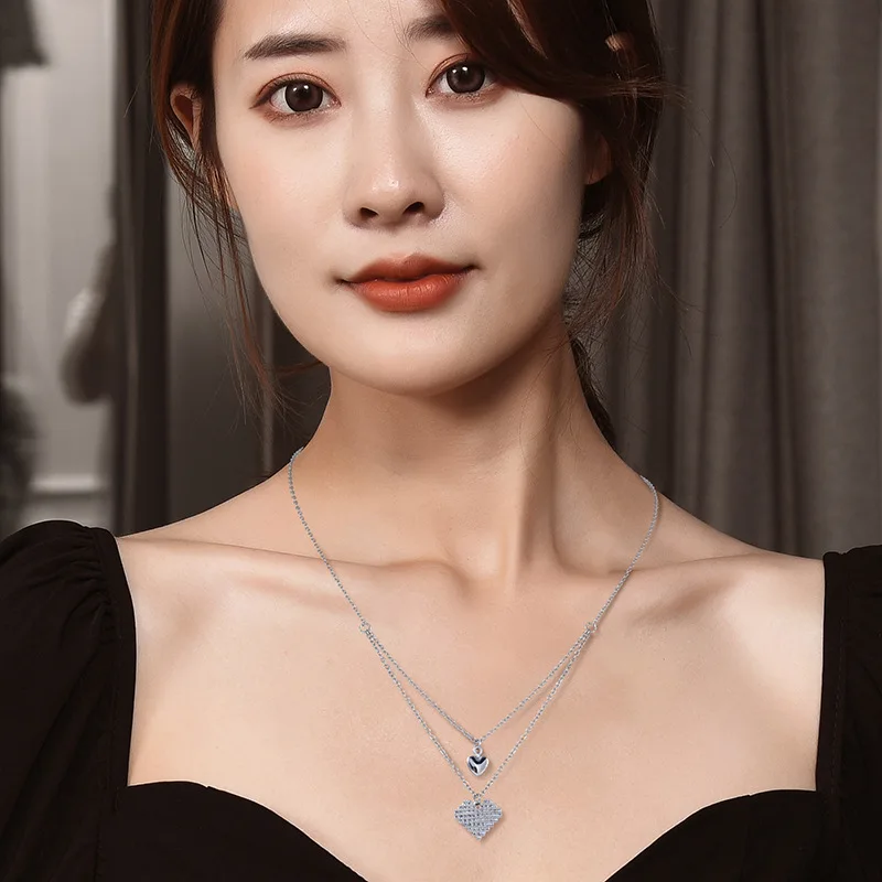 قلادة جديدة على شكل قلب من الفولاذ التيتانيوم القديم، سلسلة الترقوة على شكل قلب مزدوجة الطبقة، إكسسوار قلادة على شكل قلب مزدوج