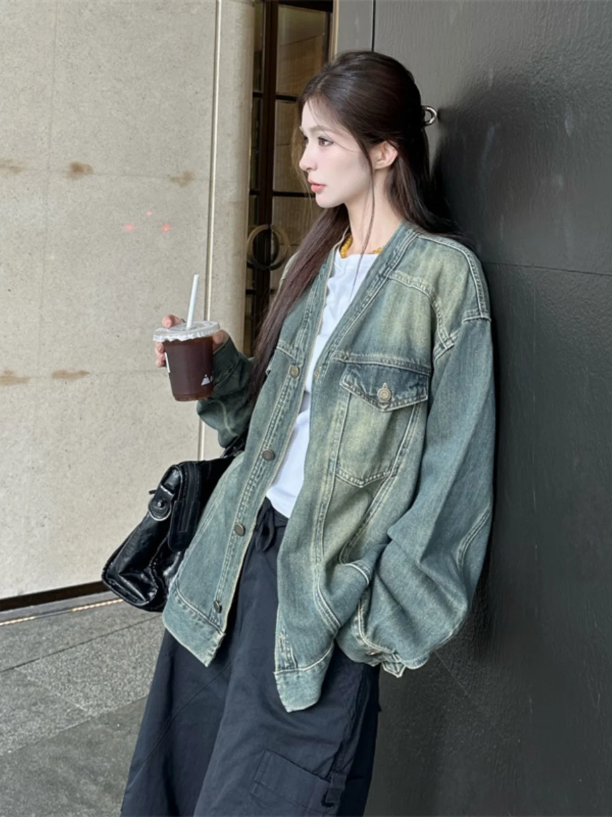 

Retro Distressed Denim Jacket plus Size Women Loose Long Sleeve Slimming Design Autumn New Style Korean Version Jacket Top