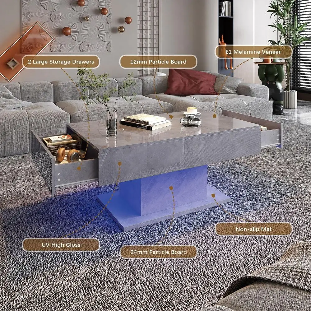 Modern Rectangular High Gloss Coffee Table with 2 Drawers for Living Room and Dining Area