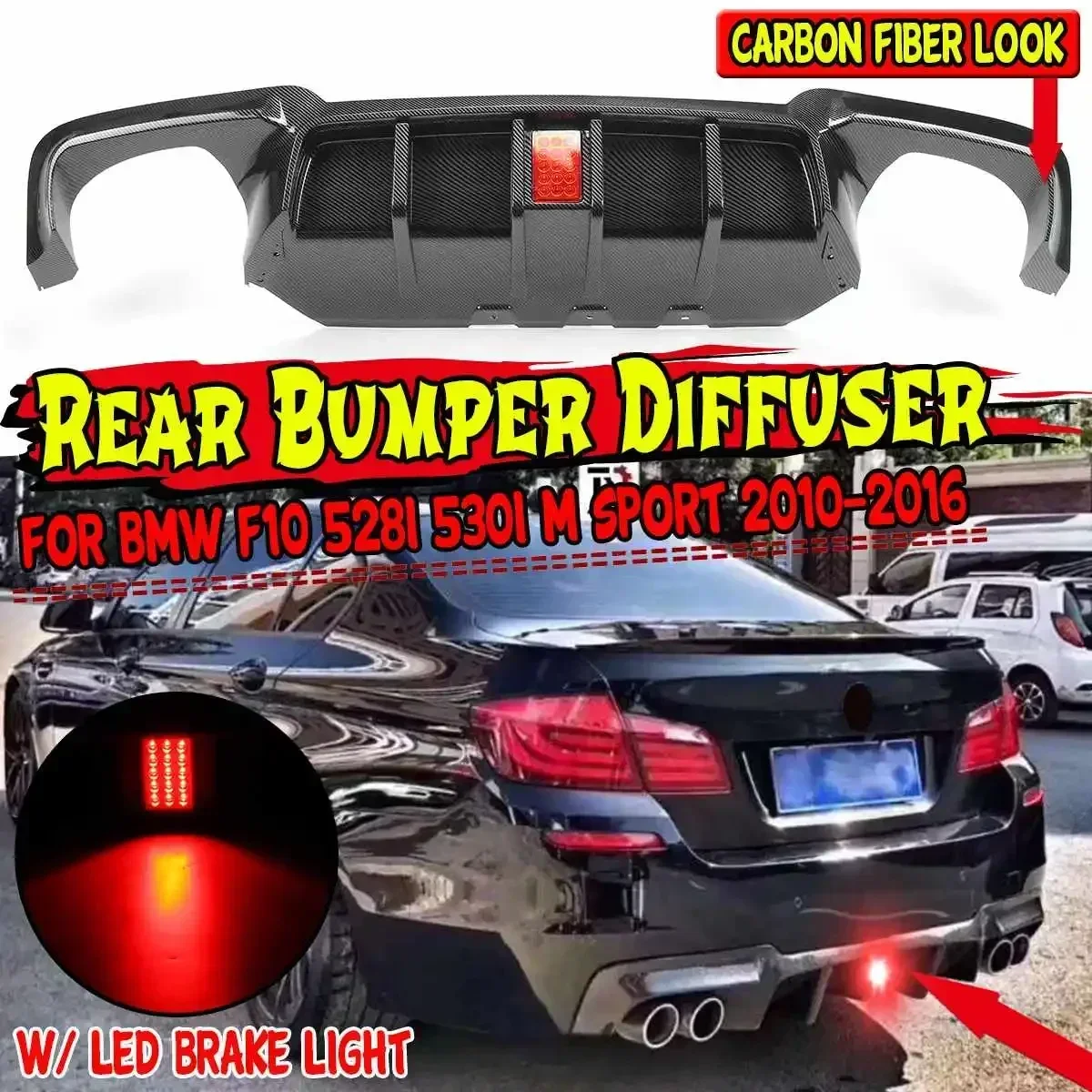 F10 Car Rear Bumper Diffuser Lip W/ Led Brake Light For BMW F10 528i 530i M Sport 2010-2016 Rear Bumper Lip Splitter Body Kit